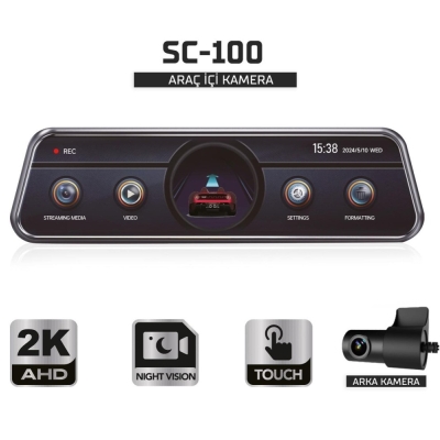 Sentinel SC-100 2K AHD Çift Kameralı Araç İçi Dikiz Aynası Kamera | Wi-Fi, G-Sensor, Gece Görüş, Dokunmatik Ekran